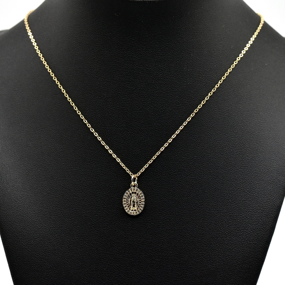 14K Gold Plated Guadalupe Pendant Necklace Virgen Mary Cubic Zirconia - Picture 3 of 9